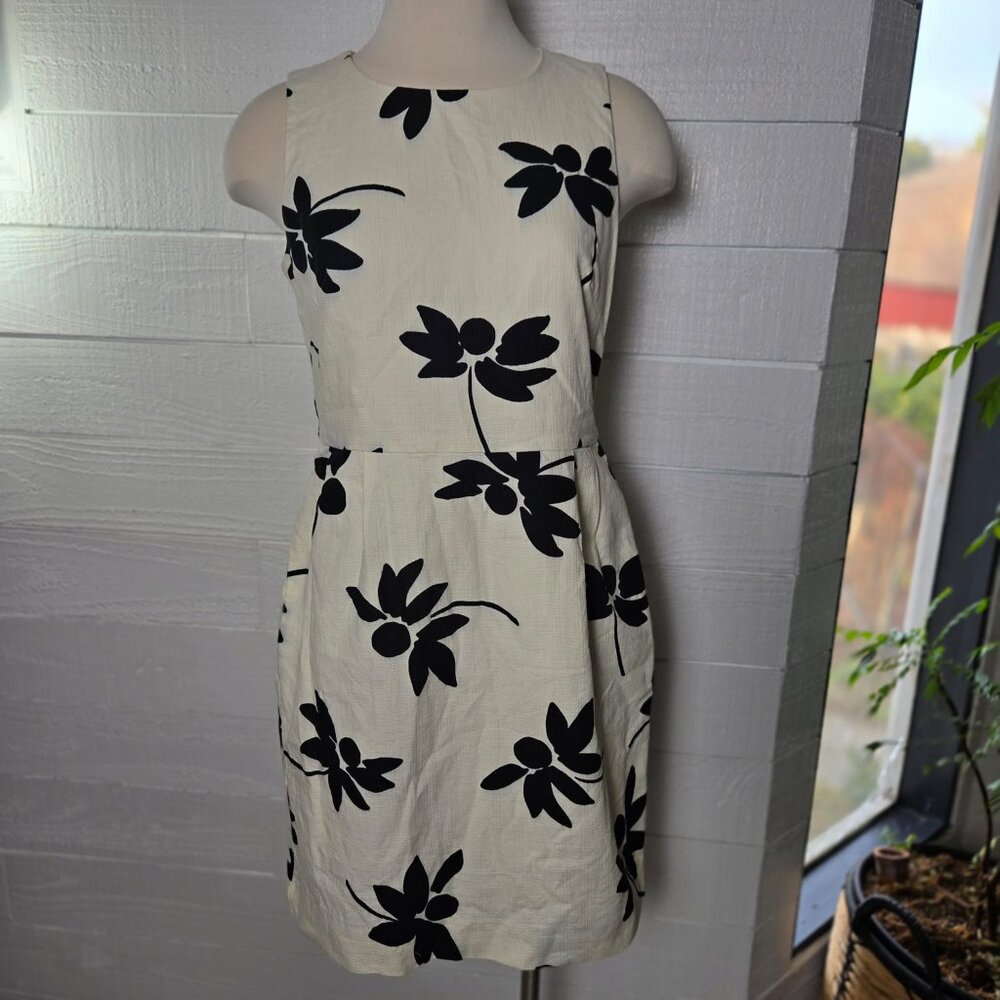 J. Crew, 100% Cotton, Lined Cream and Black Floral Sheath Dress, Size 8
